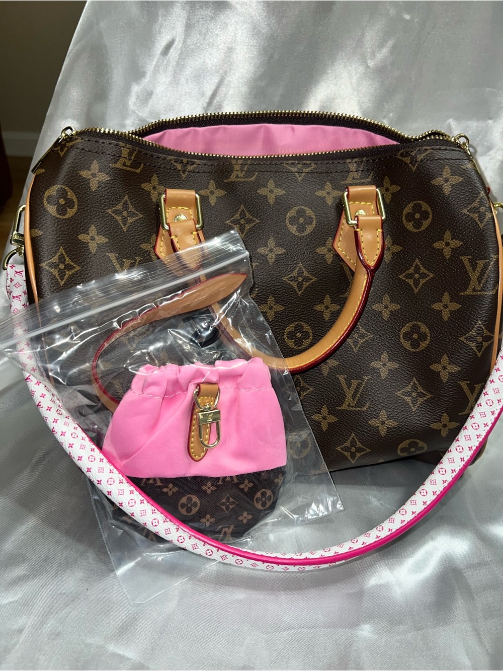 L-Brown Monogram Satchel with Pink Lining and Pink-Trim Strap